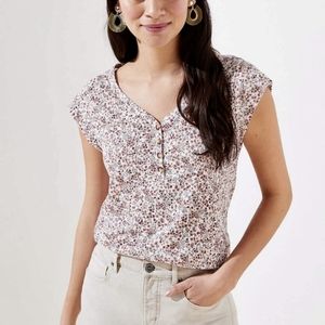 Loft Pink Floral Henley Linen Tee